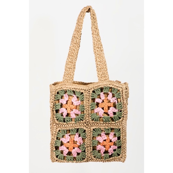 Handbags - SOLD OUT Khaki Floral Straw Braided Woven Pattern Tote Bag